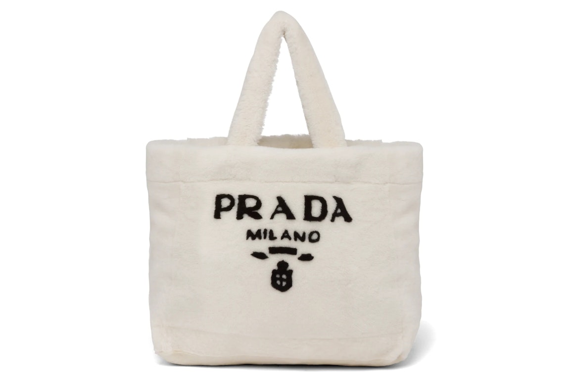 Pre-owned Prada Shearling Tote Bag Intarsia Logo White/black