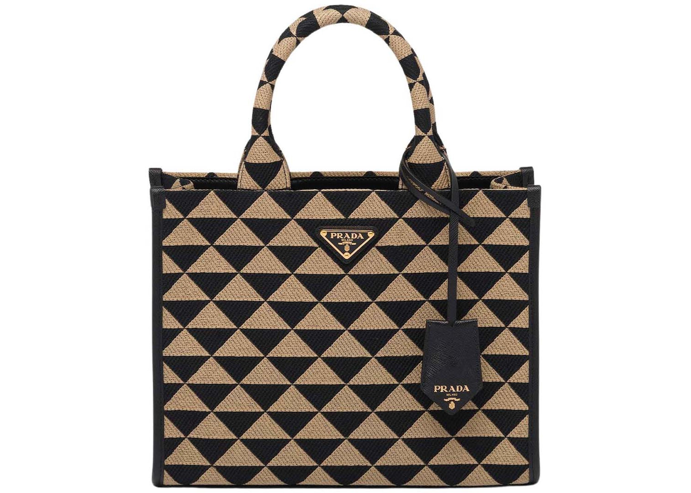 Prada Small Symbole Embroidered Fabric Handbag Black/Beige in