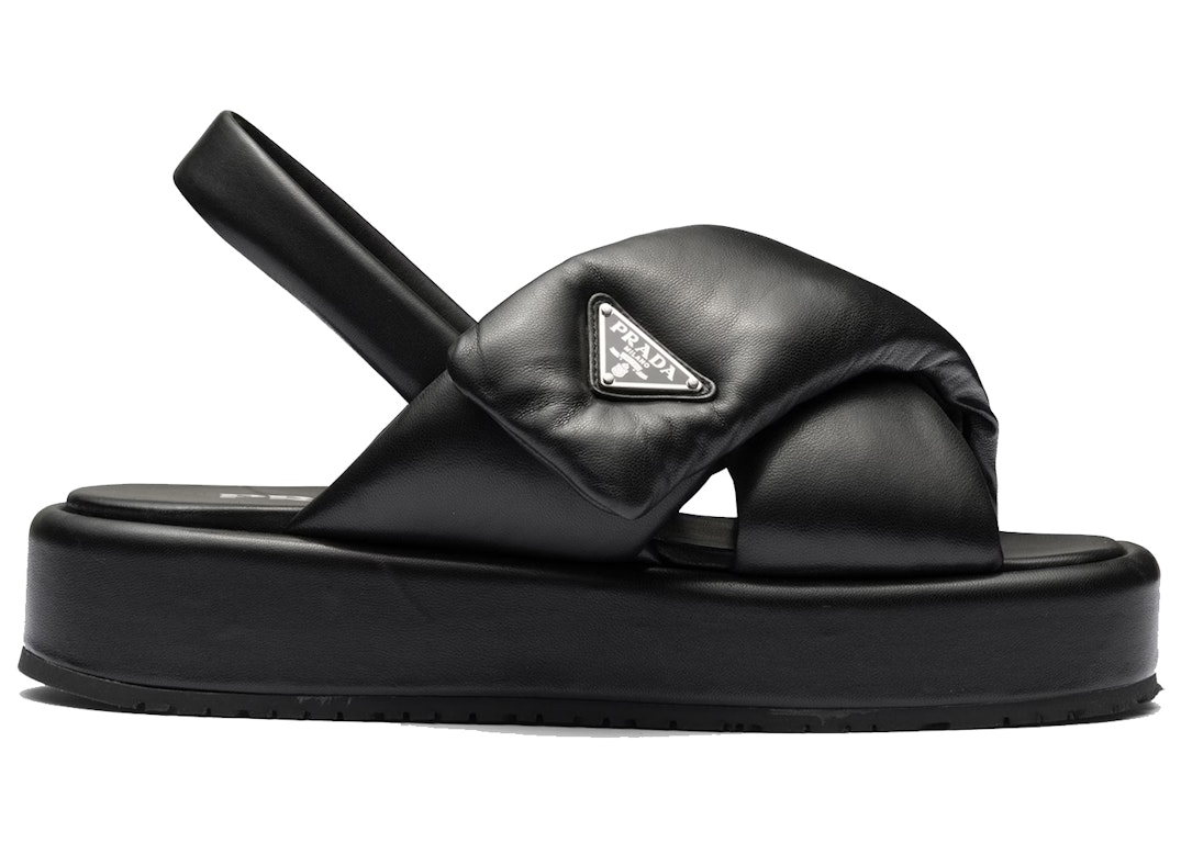 Pre-owned Prada Soft Padded 35mm Wedge Sandals Black Nappa Leather