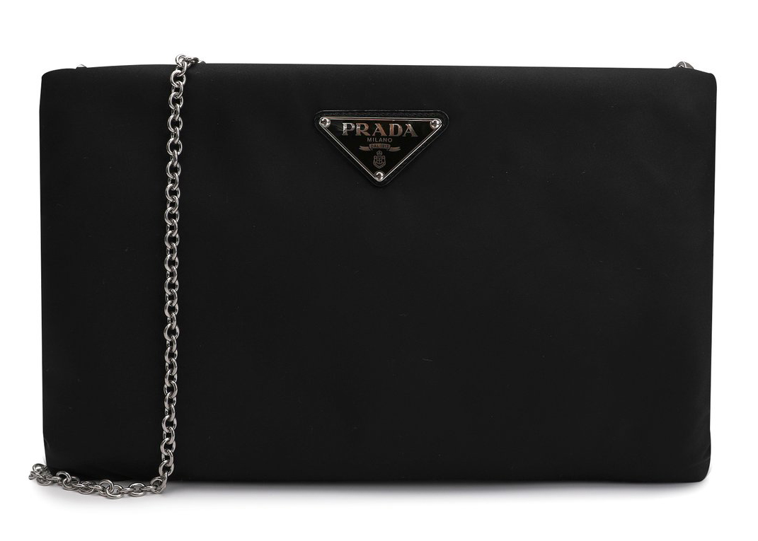 Prada Triangle-Logo On-Chain Clutch Bag Black in Nylon with Silver 