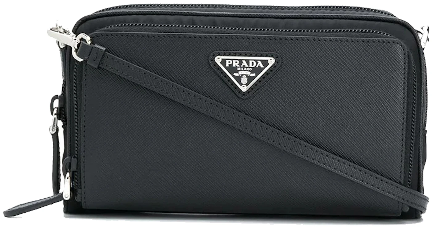 PRADA Black Leather Logo Plaque Wristlet Clutch Bag