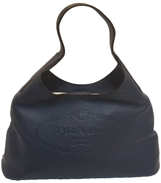 PRADA Vitello Daino Logo Embossed Leather Hobo Bag Black