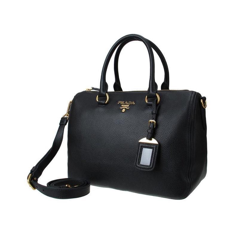 Prada Vitello Phenix Boston Black in Pebbled Leather with Gold