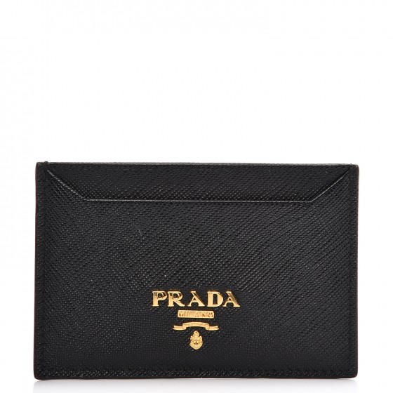 Prada Metal Card Case Wallet Saffiano Nero Black in Leather with 