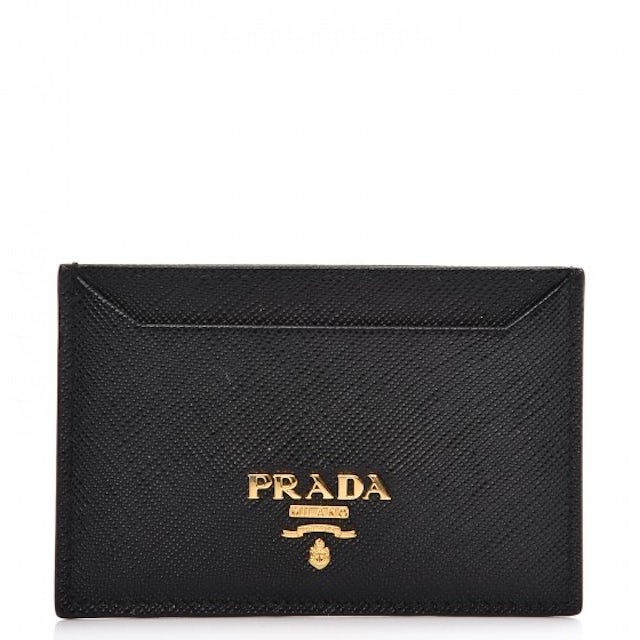 Prada Metal Card Case Wallet Saffiano Nero Black in Leather with Gold-Tone  - US