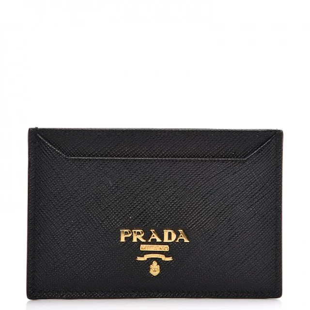 Prada Metal Card Case Wallet Saffiano Nero Black in Leather with Gold ...