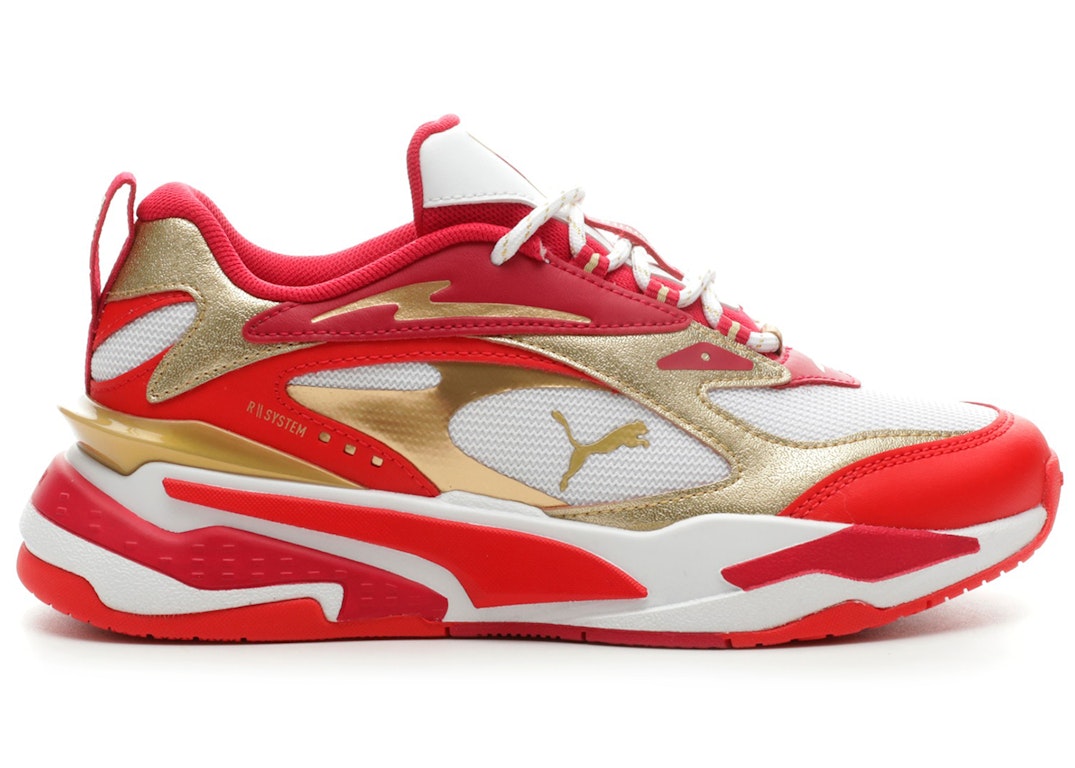Pre-owned Puma Rs-fast Glitz (gs) In White/high Risk Red/team Gold