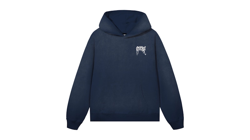 Revenge Embroidered Basic Hoodie Treated Blue