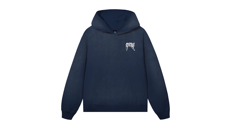 Revenge White Embroidered Basic Hoodie Treated Blue