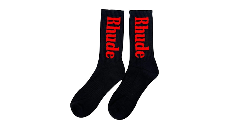Pre-owned Rhude Men's  Vertical Logo Sock In Black/red In Multi