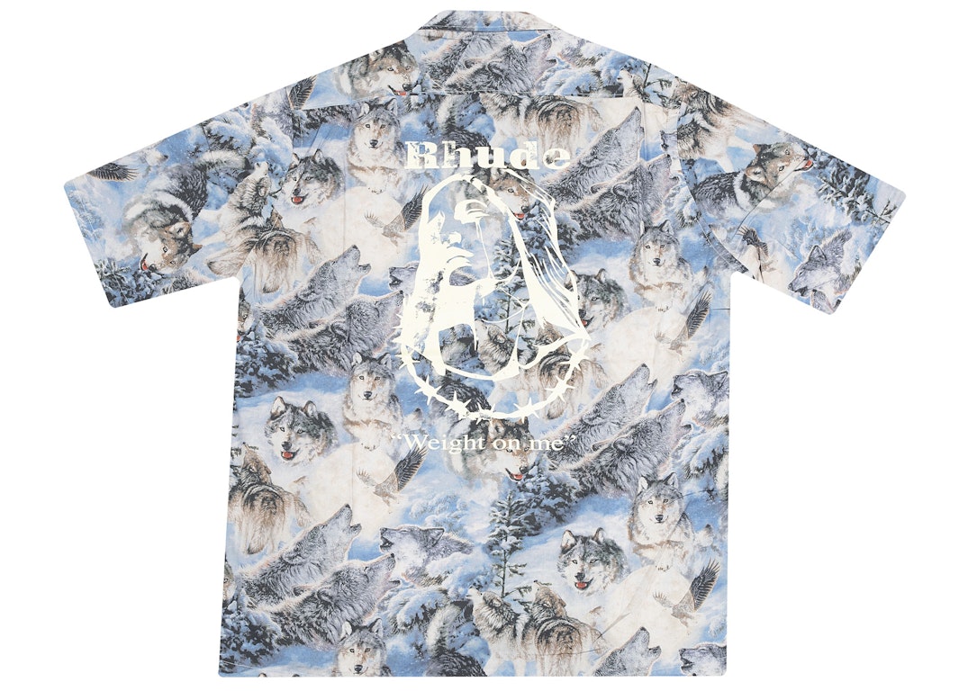 Pre-owned Rhude Wolves Ss Button Up In Wolves Print Shirt Blue