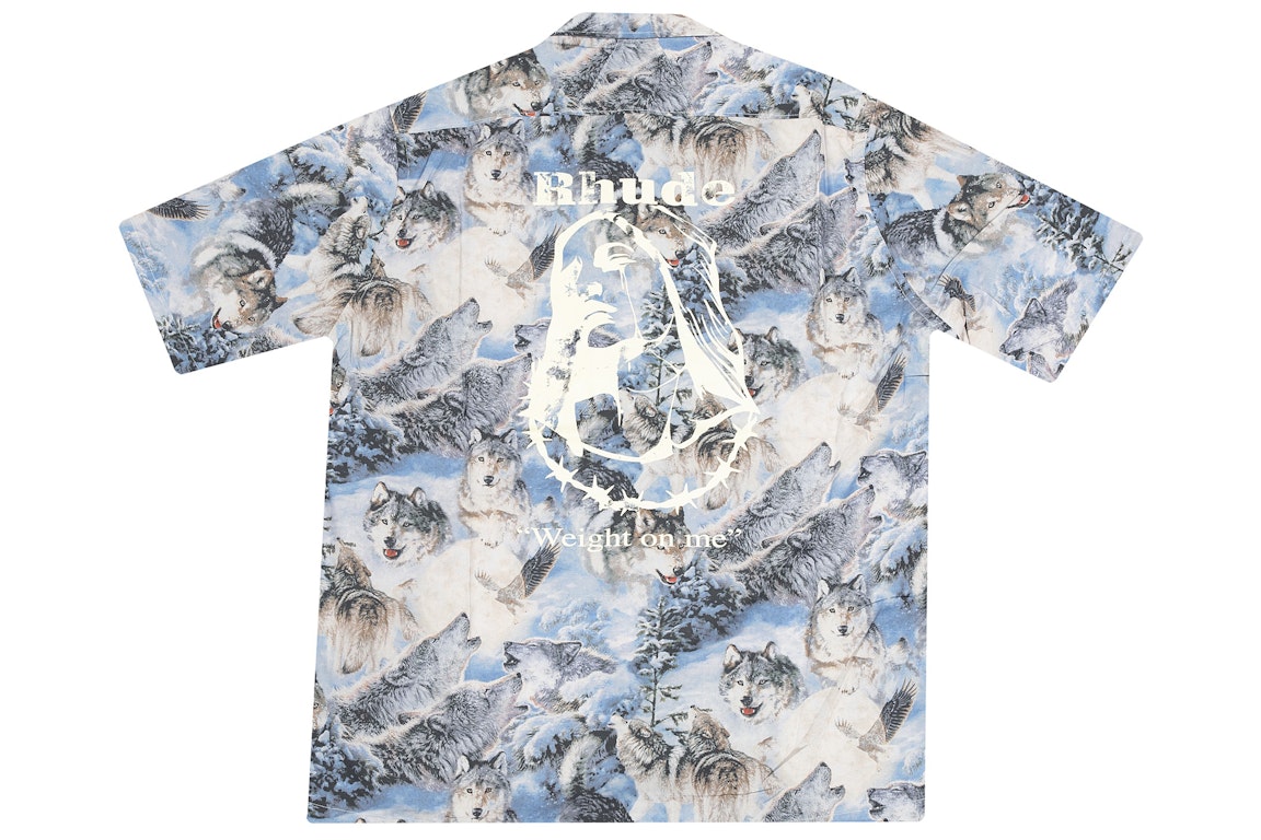 Pre-owned Rhude Wolves Ss Button Up In Wolves Print Shirt Blue