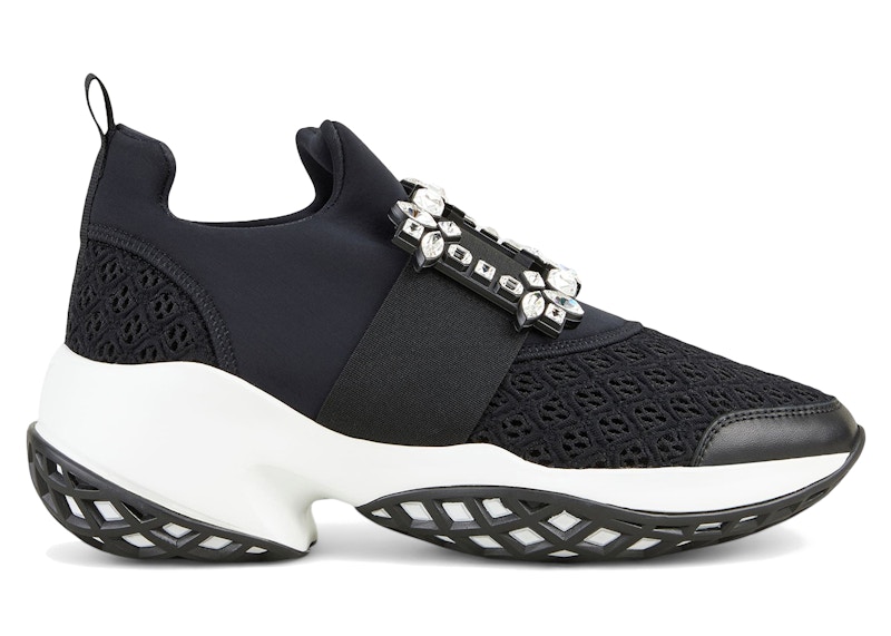 Pre-owned Roger Vivier Viv' Run Fabric White Crystal Buckle (women's) Sneakers In Black