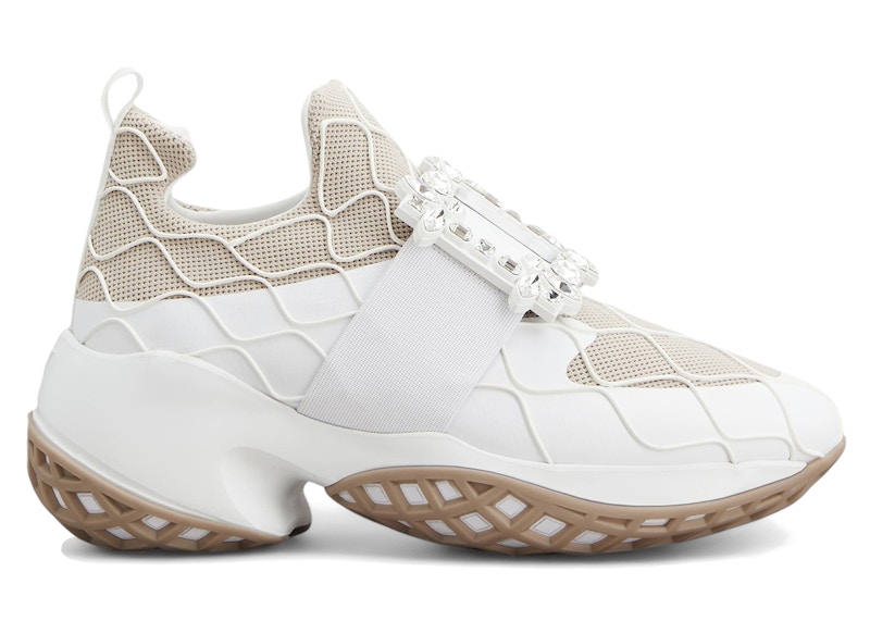 Pre-owned Roger Vivier Viv' Run Fabric Crystal Buckle (women's) Sneakers In White/beige In Multi