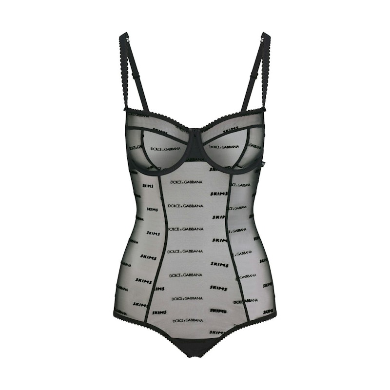 Pre-owned Skims Women's X Dolce&gabbana Ultra Fine Mesh Logo Brief Bodysuit In Onyx