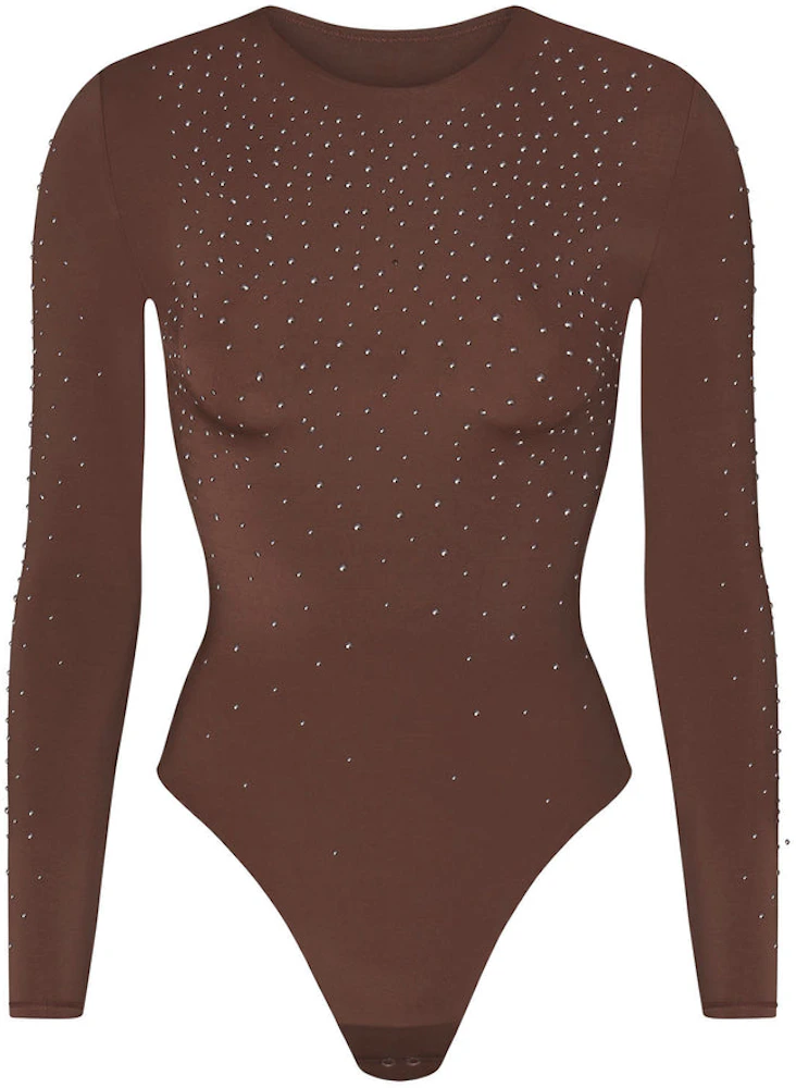 SKIMS JELLY SHEER LONG SLEEVE SCOOP NECK BODY SUIT COLOR SIENNA
