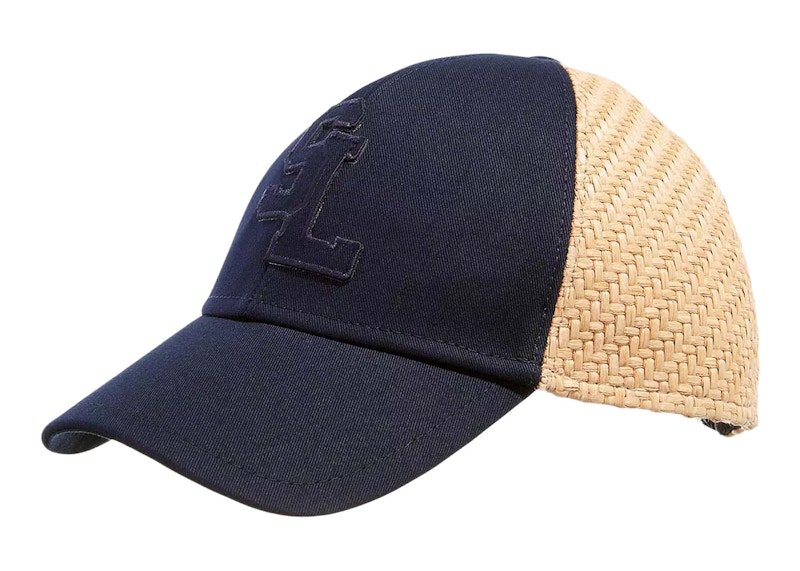 Pre-owned Saint Laurent Women's Canvas And Raffia Baseball Cap In Navy Blue/taupe