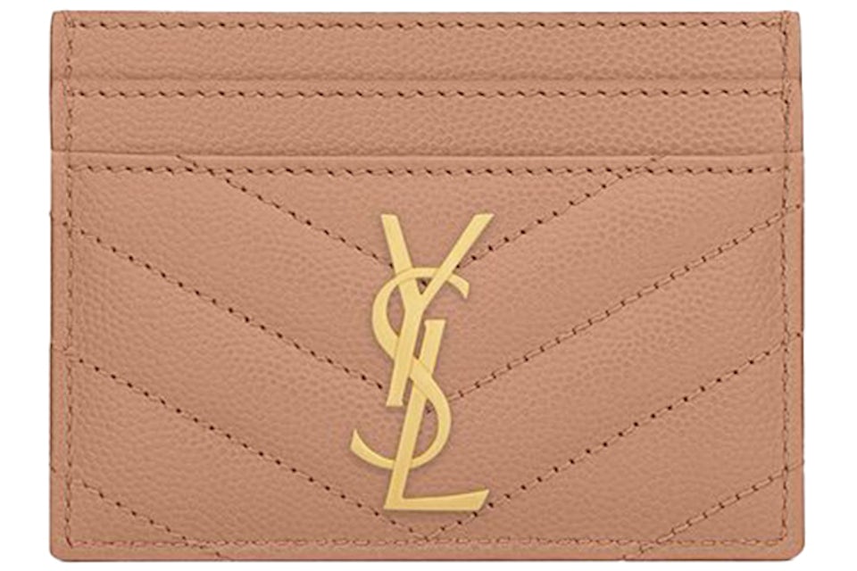 Saint Laurent Card Holder Monogram Quilted Textured Leather Vintage Peach
