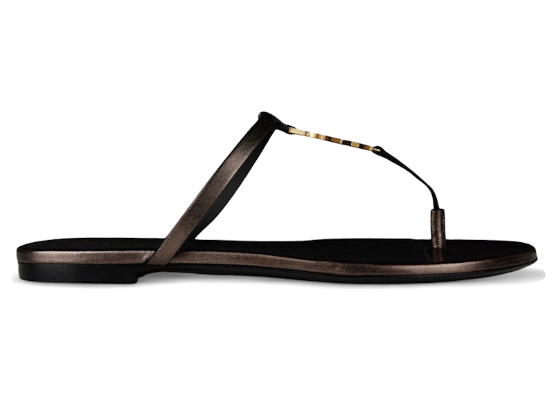 Pre-owned Saint Laurent Cassandra Leather Thong Sandals (women's) Sneakers In Light Bronze In Brown