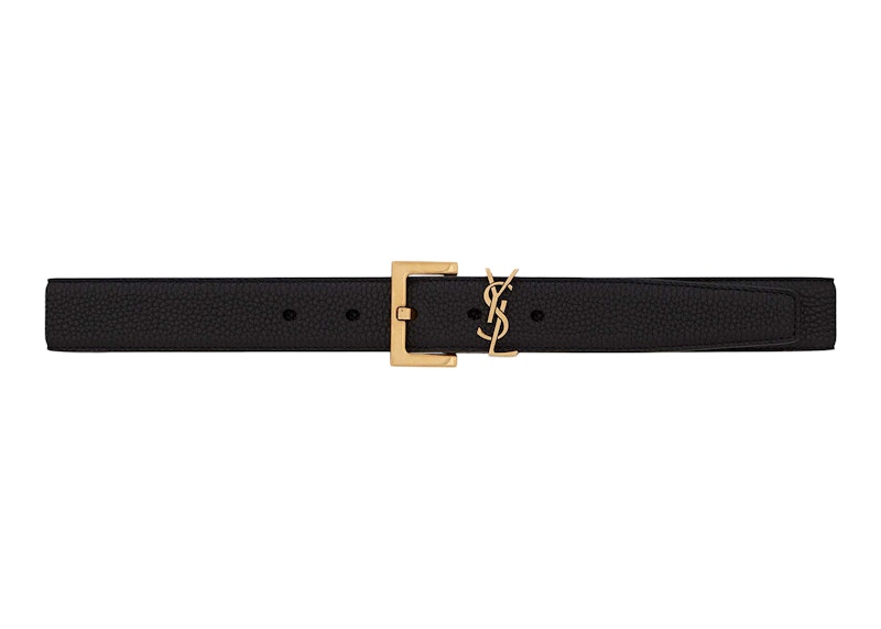 Pre-owned Saint Laurent Men's  Cassandre Belt With Square Buckle In Grained Leather In Black