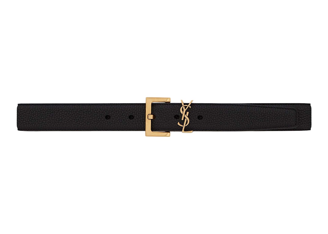 Pre-owned Saint Laurent Cassandre Belt With Square Buckle In Grained Leather Black