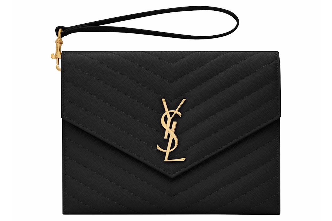 Pre-owned Saint Laurent Cassandre Matelasse Flap Pouch In Quilted Embossed Leather Black