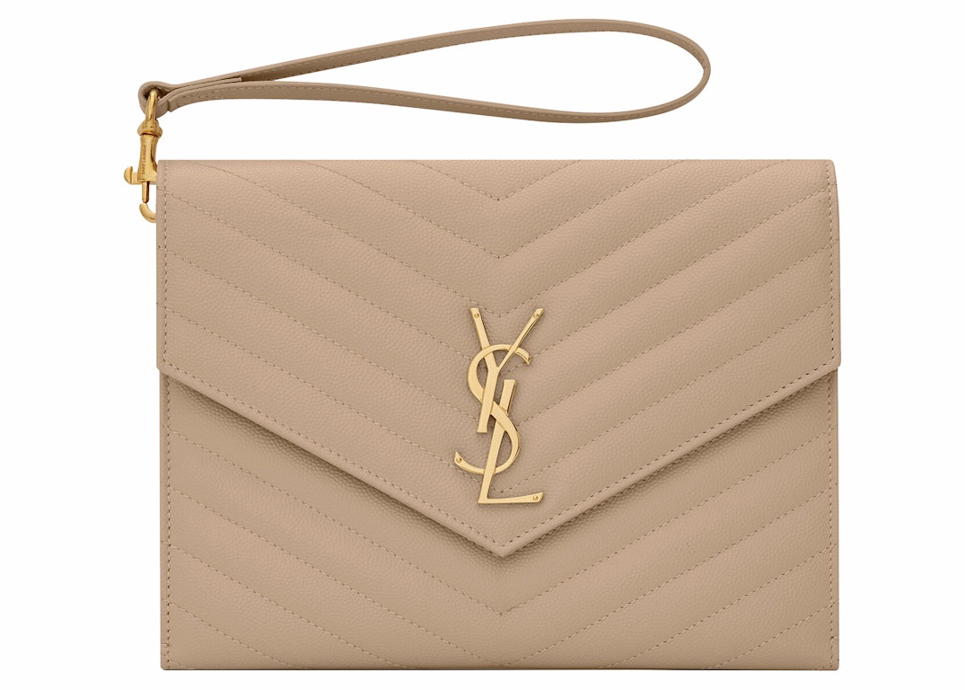 Pre-owned Saint Laurent Cassandre Matelasse Flap Pouch In Quilted Embossed Leather Dark Beige