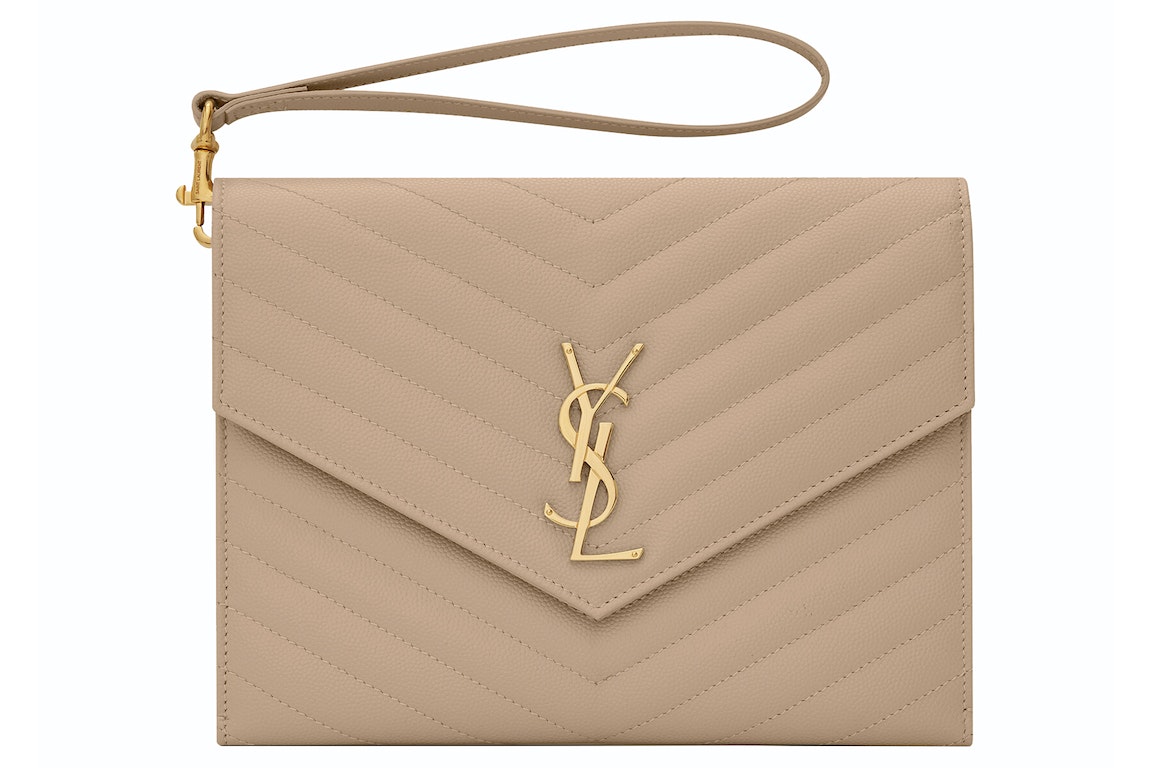 Pre-owned Saint Laurent Cassandre Matelasse Flap Pouch In Quilted Embossed Leather Dark Beige