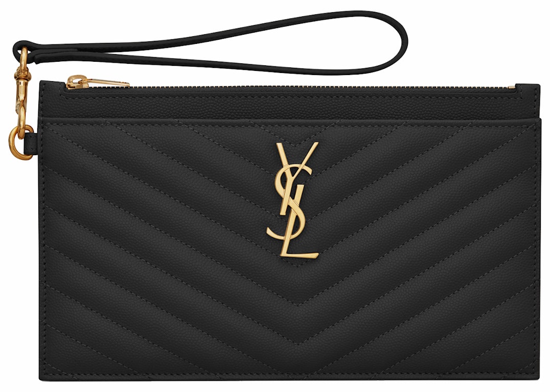 Pre-owned Saint Laurent Cassandre Matelasse Large Bill Pouch In Quilted Embossed Leather Black
