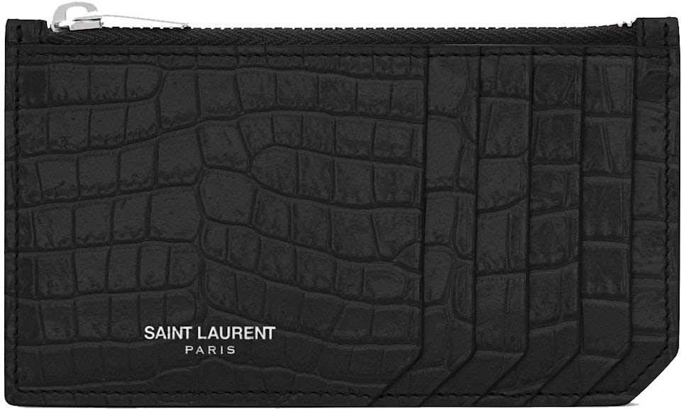 Saint Laurent Crocodile Embossed Matte Leather Monogram Wallet in Black