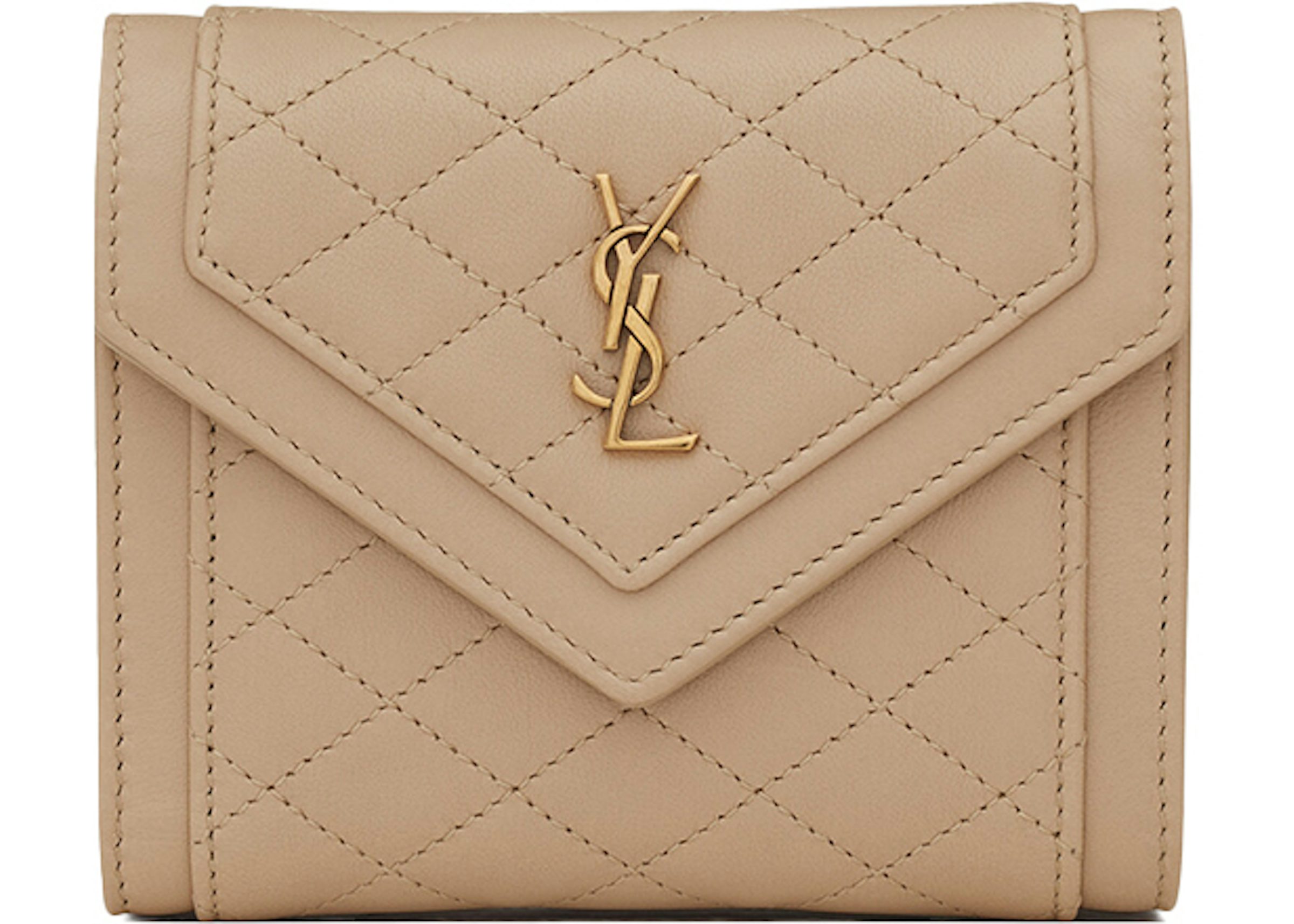 Saint Laurent Gaby Compact Tri-Fold Wallet In Quilted Lambskin Dark Beige  in Lambskin Leather with Bronze-tone - US
