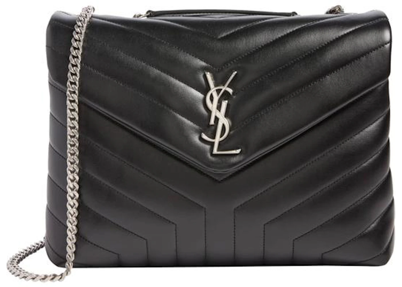 Saint Laurent Loulou Silver-tone Medium Black in Calfskin with Silver ...