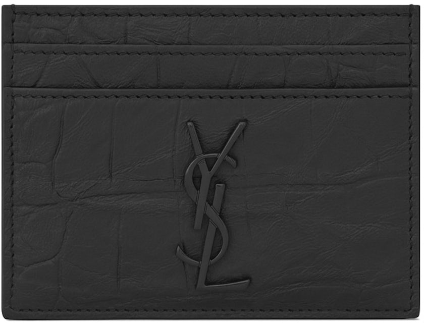 Saint Laurent Tiny Cassandre Croc Embossed Card Case In Black