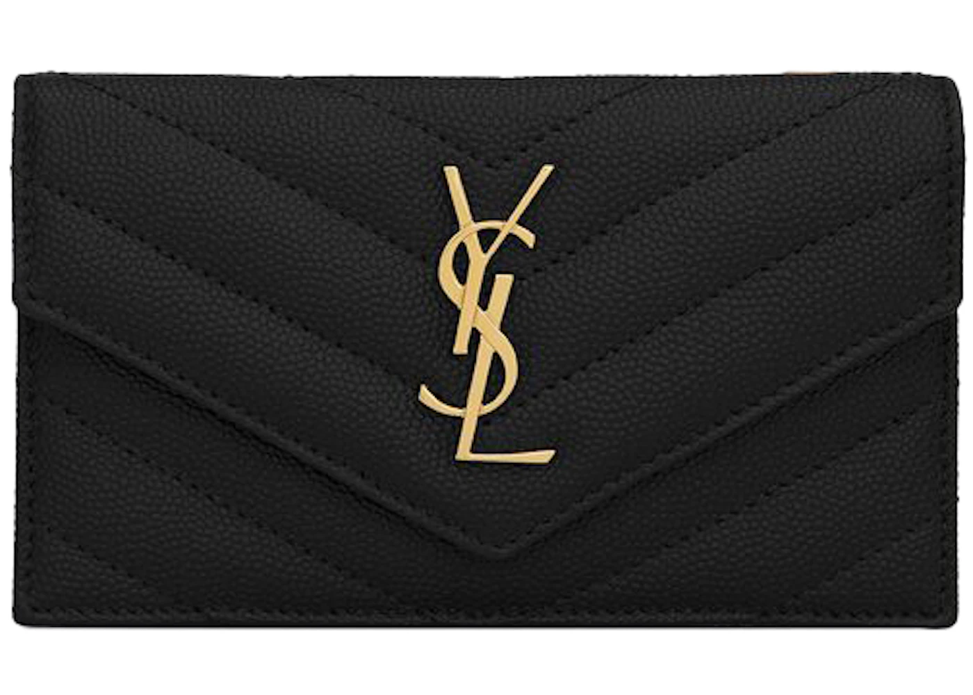 Saint Laurent Monogram Flap Card Case Grain De Poudre Black In Calfskin With Gold Tone Saint Laurent Monogram Flap Card Case Grain De Poudre Black In Calfskin With Gold Tone