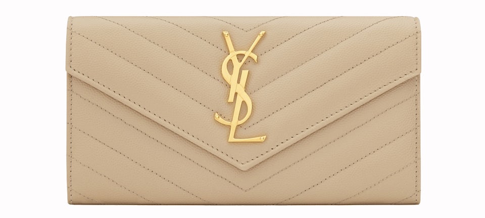 Saint Laurent Long Wallet YSL Monogram Large Flap Beige Leather w