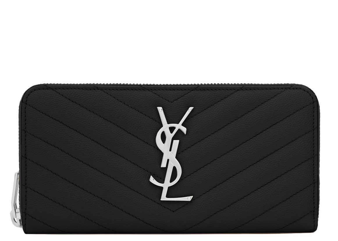 Saint Laurent Monogram Zip Around Wallet Matelasse Grain de Poudre Black in  Calfskin Leather with Silver-tone - US
