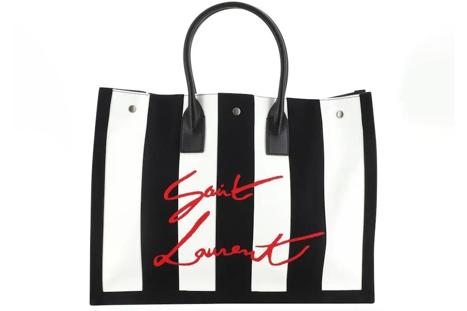 Saint Laurent NOE Striped Logo Tote Bag Large Black in Canvas with
