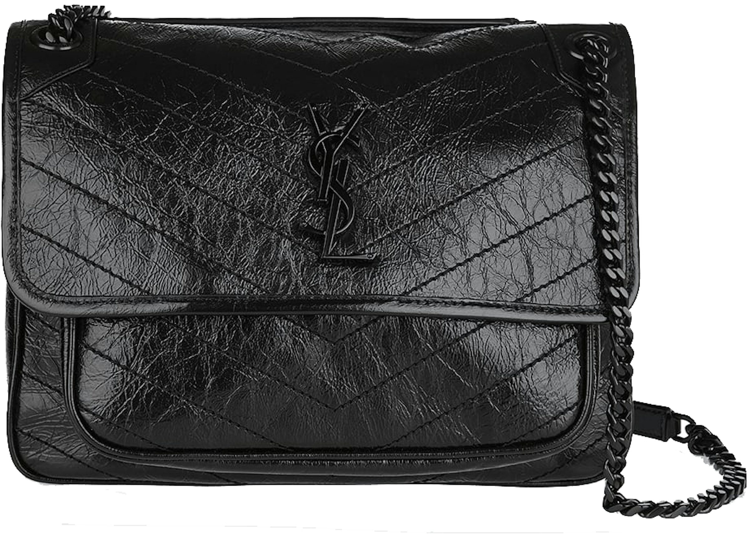 Saint Laurent YSL Medium Niki Crinkled Leather Shoulder Bag in Black NEW