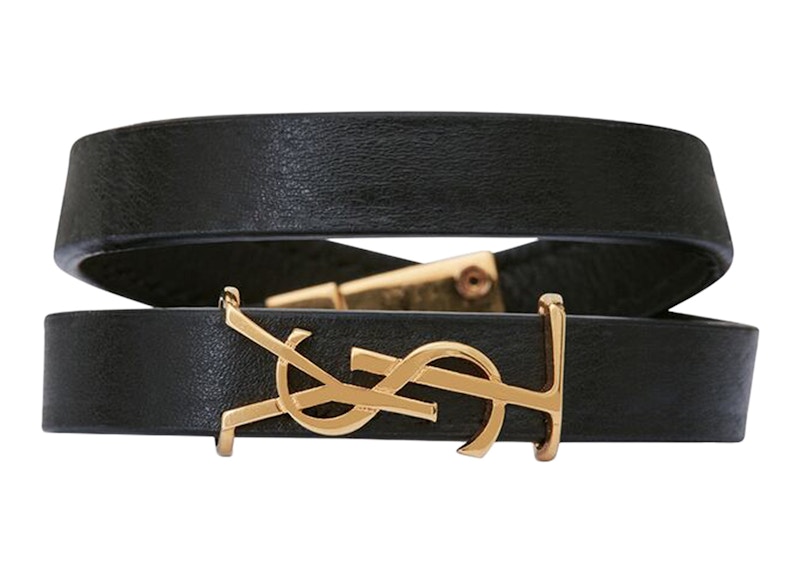 Pre-owned Saint Laurent Women's Opyum Double Wrap Bracelet In Leather And Metal In Black/gold/tone In Multi