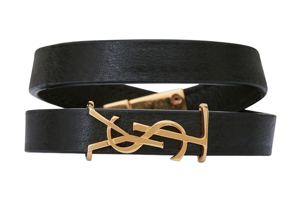 Pre-owned Saint Laurent Opyum Double Wrap Bracelet In Leather And Metal Black/gold-tone