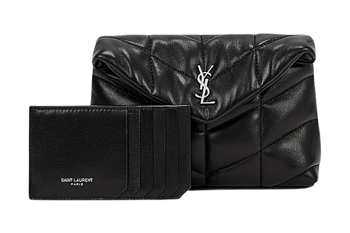 Pre-owned Saint Laurent Puffer In Quilted Lambskin Pouch Black/silver-tone