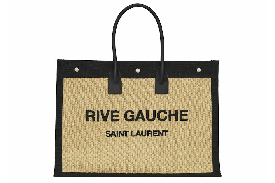 Saint Laurent Rive Gauche Emroidered Raffia Tote Bag Beige in  Raffia/Leather with Silver-tone - US
