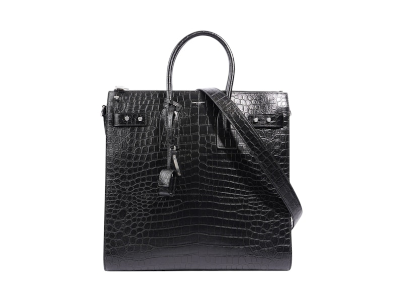 Pre-owned Saint Laurent Men's  Sac De Jour Croc Embossed Leather Bag In Black