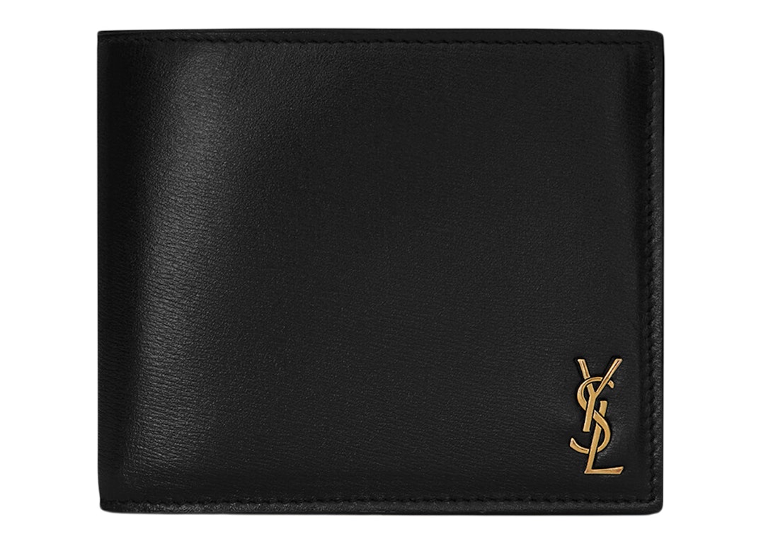Pre-owned Saint Laurent Tiny Cassandre East/west Bifold Wallet In Shiny Leather Black