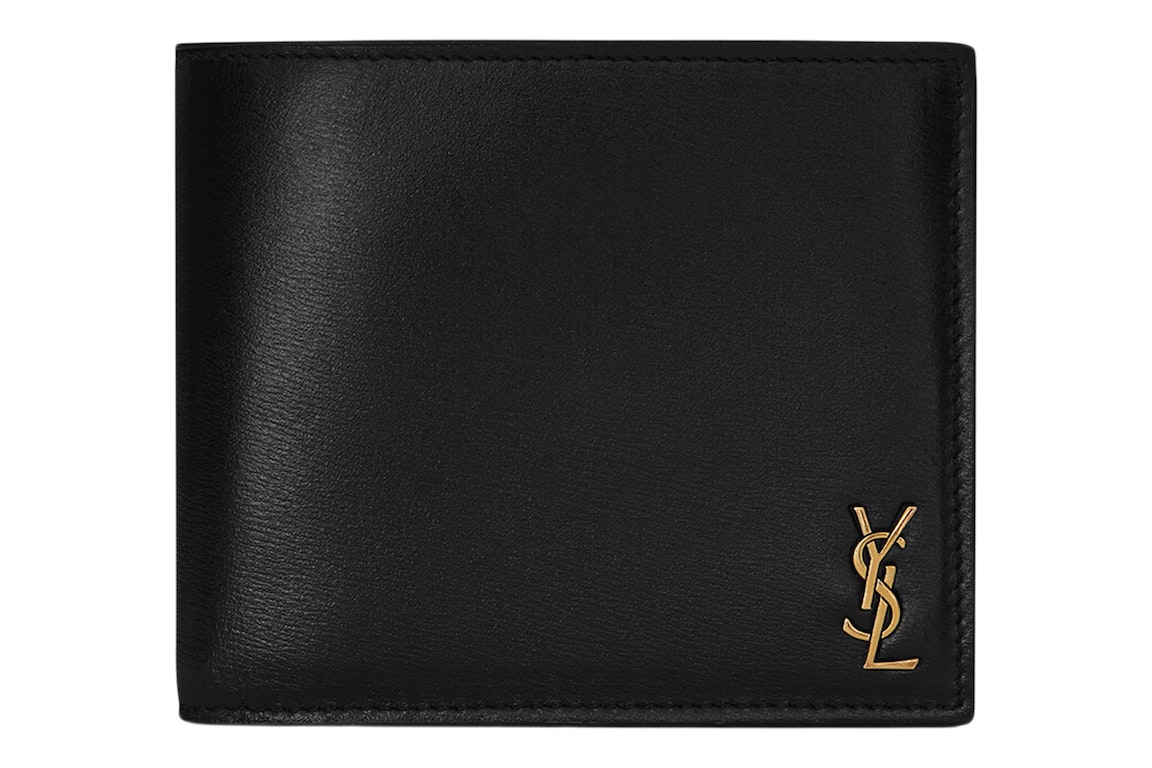 Pre-owned Saint Laurent Tiny Cassandre East/west Bifold Wallet In Shiny Leather Black