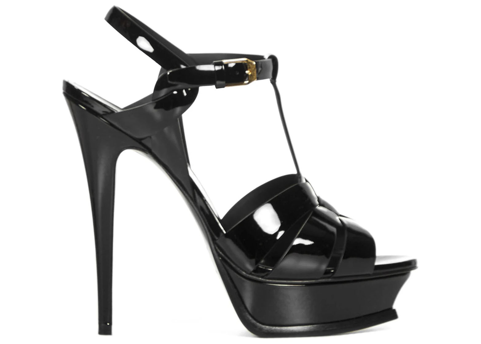 Saint Laurent Tribute Platform Sandal Heels Black Patent Leather