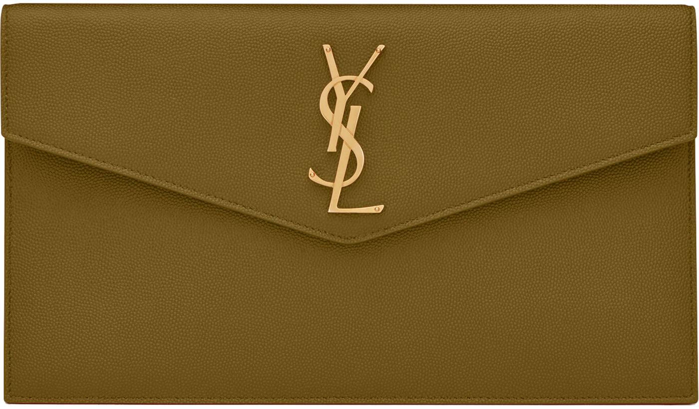 Authentic YSL Saint Laurent Uptown Pouch Clutch Purse Dark Beige Leather  Gold