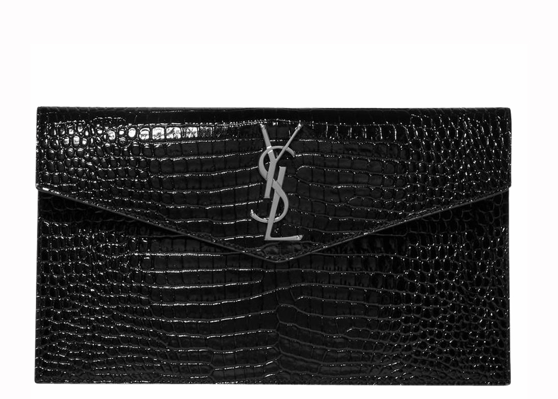 Saint Laurent Uptown Pouch Shiny Crocodile-Look Leather Black in 