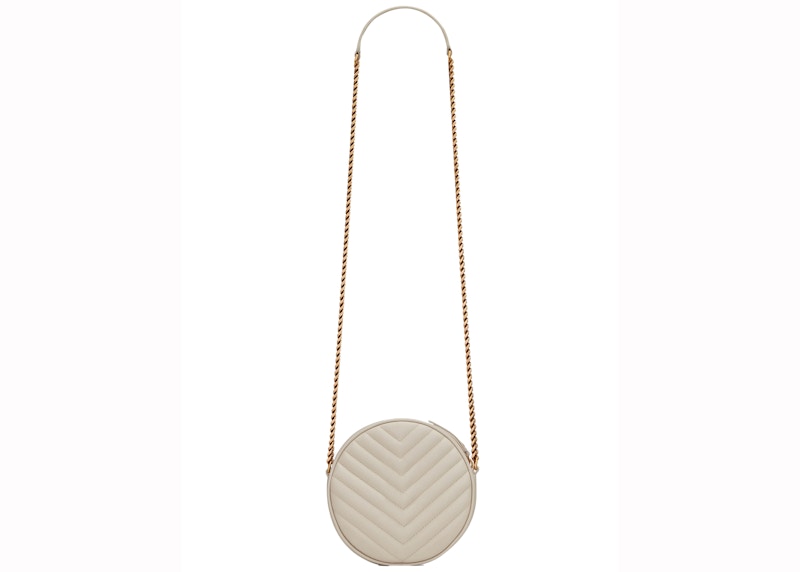 Saint Laurent Vinyle Round Camera Bag Chevron Quilted Grain De Poudre Blanc Vintage