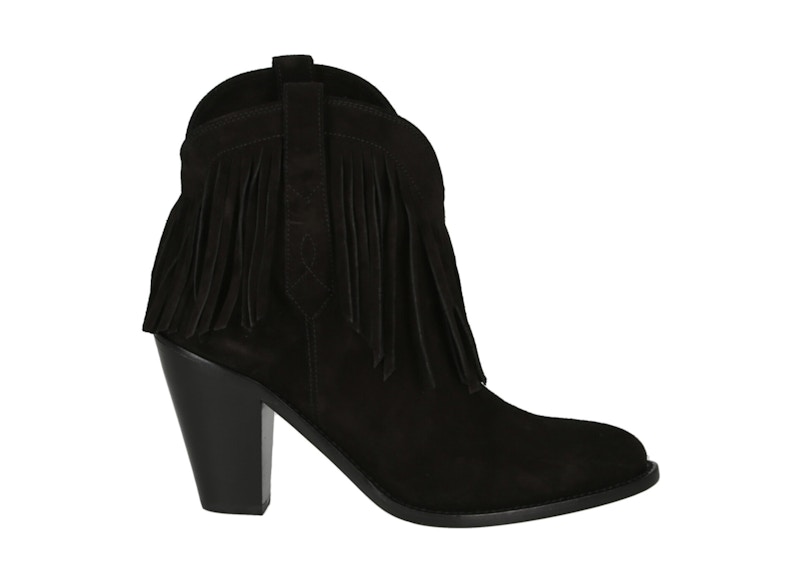 Pre-owned Saint Laurent Western Fringed Ankle Boots Suede (women's) Sneakers In Black